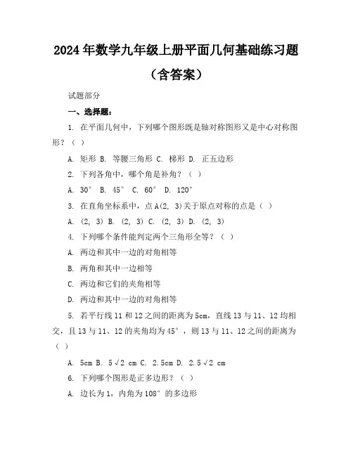 2024年数学九年级上册平面几何基础练习题(含答案)