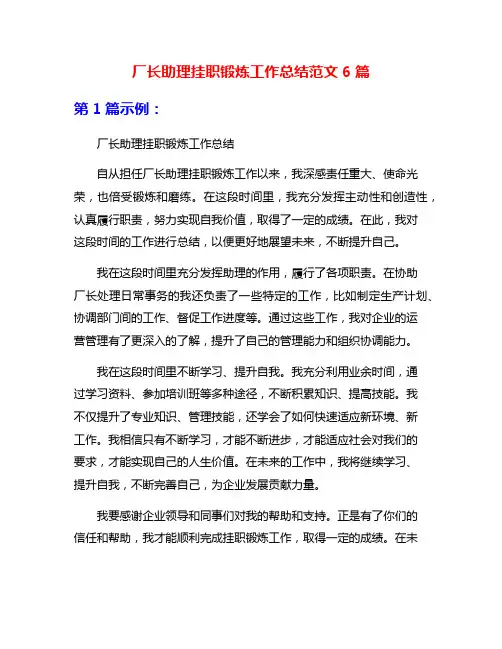 厂长助理挂职锻炼工作总结范文6篇