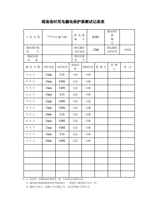 现场临时用电漏电保护器测试记录表