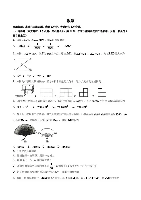 湖南省邵阳市邵东市2024届九年级下学期期中考试数学试卷(含答案)