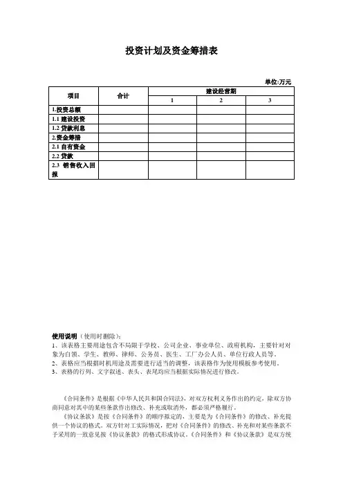 投资计划及资金筹措表