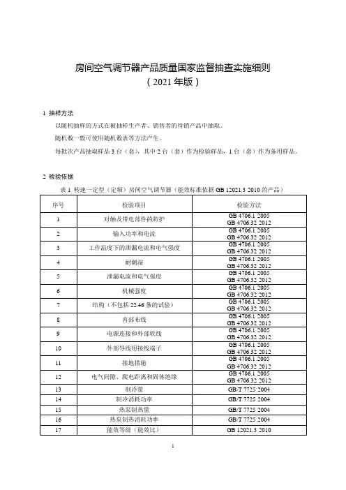 房间空气调节器产品质量国家监督抽查实施细则(2021年版)