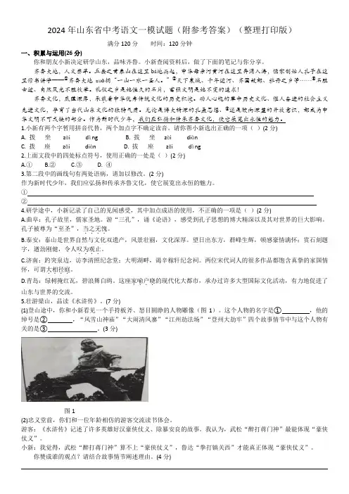 2024年山东省中考语文一模试题(附参考答案)