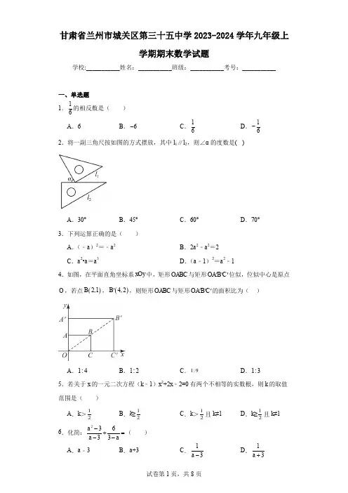甘肃省兰州市城关区第三十五中学2023-2024学年九年级上学期期末数学试题