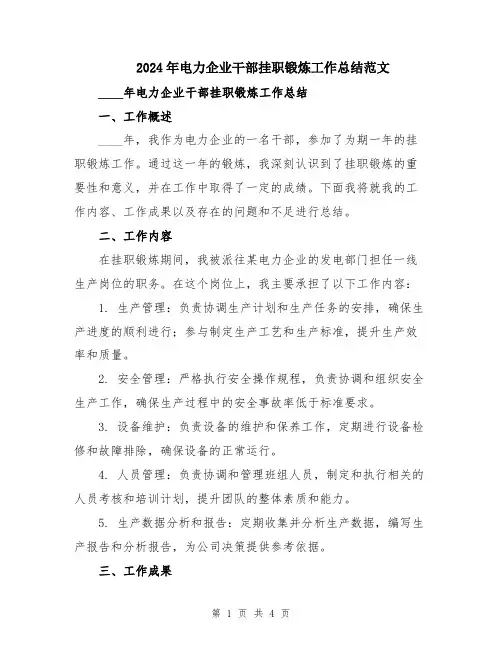 2024年电力企业干部挂职锻炼工作总结范文