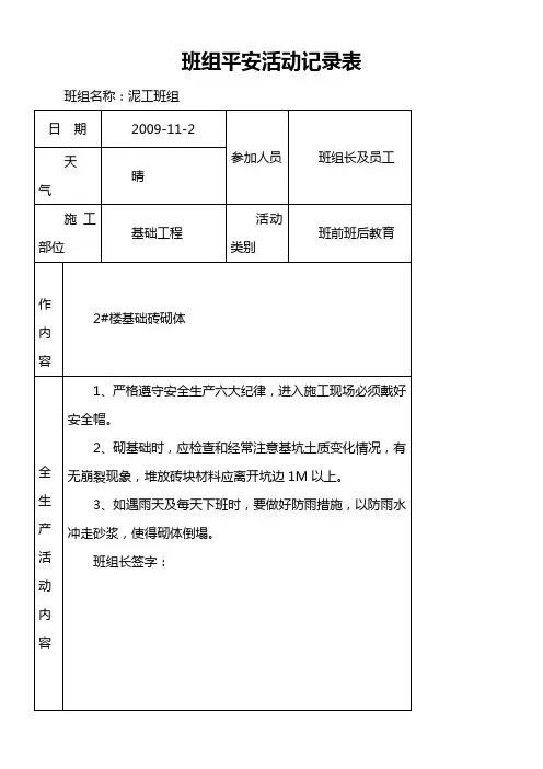班组平安活动记录表(泥工)1