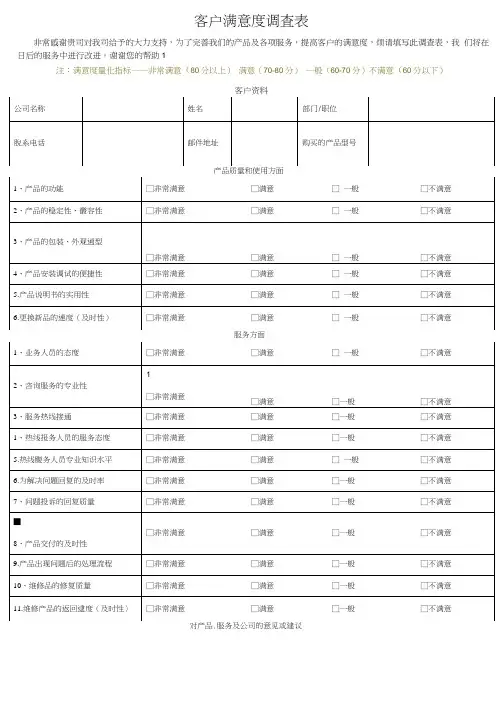 客户满意度调查表模板-客户满意程度调查表