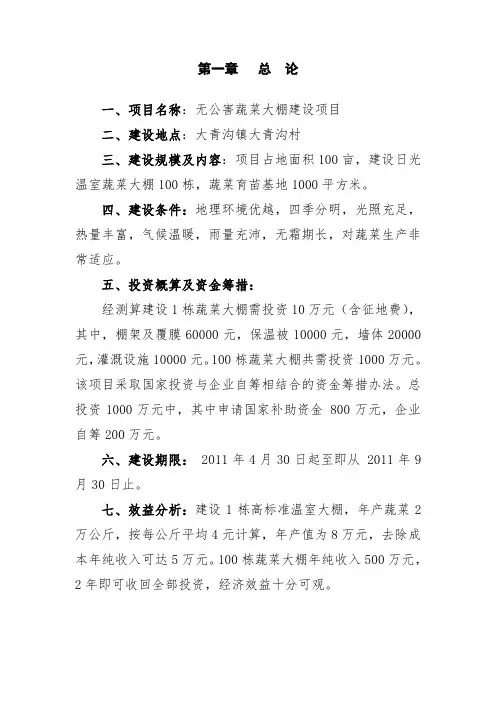 蔬菜大棚建设项目投资计划书
