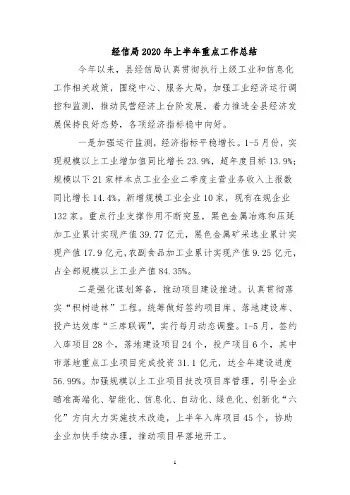 经信局2020年上半年重点工作总结