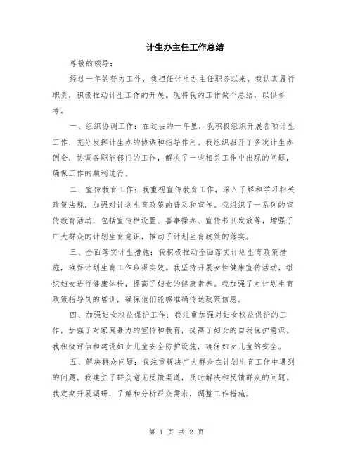 计生办主任工作总结