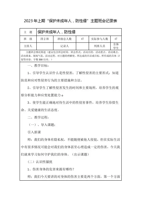 四2班“保护未成年人,防性侵”主题班会记录表