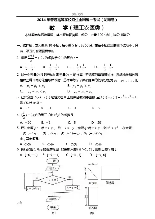 2014年高考湖南理科数学精彩试题及问题详解(详解纯word版)