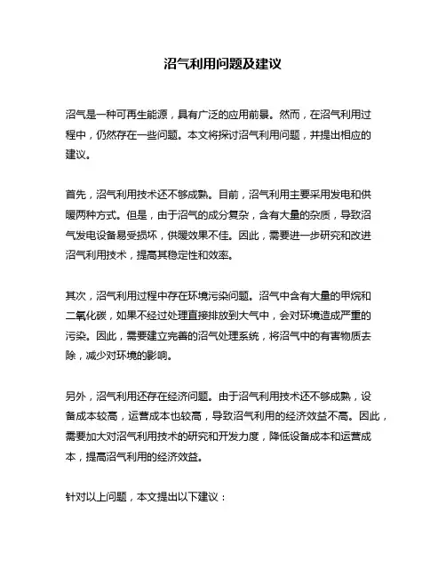 沼气利用问题及建议