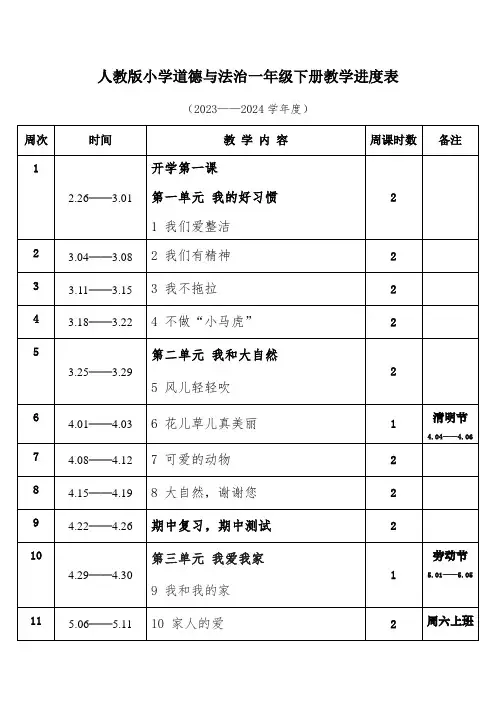 2024年春学期人教版小学道德与法治一年级下册教学进度表