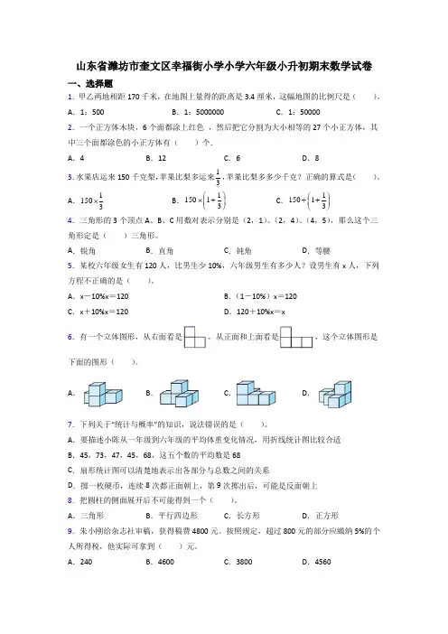 山东省潍坊市奎文区幸福街小学小学六年级小升初期末数学试卷
