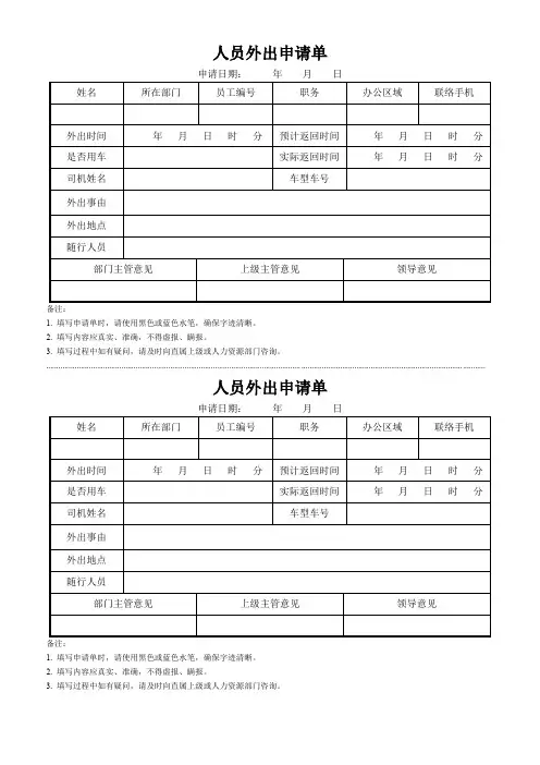 人员外出申请单(可修改) 