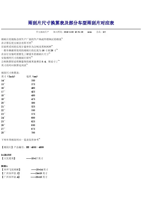 雨刮片尺寸换算表及部分车型雨刮片对应表-推荐下载
