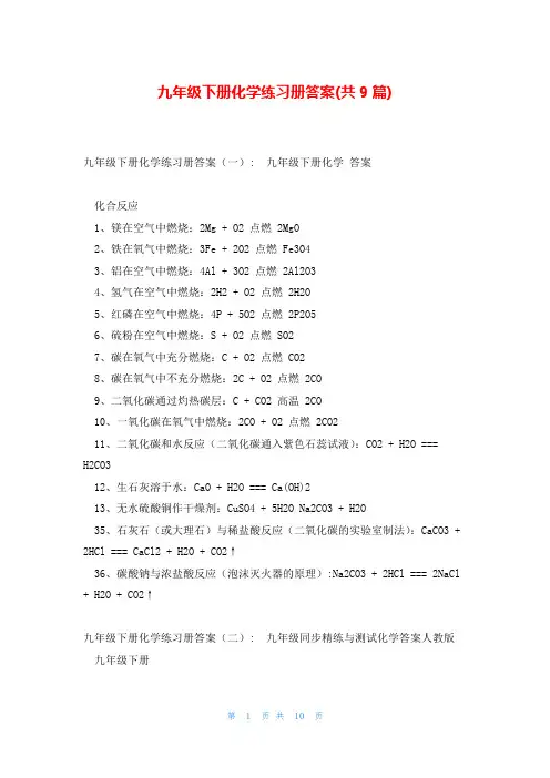 九年级下册化学练习册答案(共9篇)