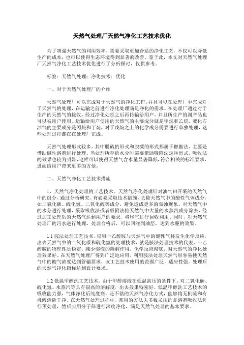 天然气处理厂天然气净化工艺技术优化