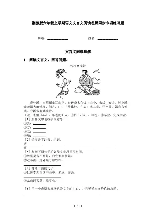 湘教版六年级上学期语文文言文阅读理解同步专项练习题
