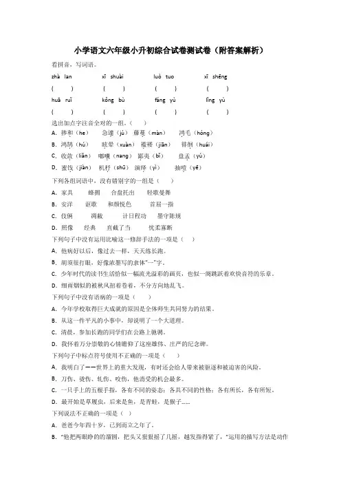 小学语文六年级小升初综合试卷测试卷(附答案解析)