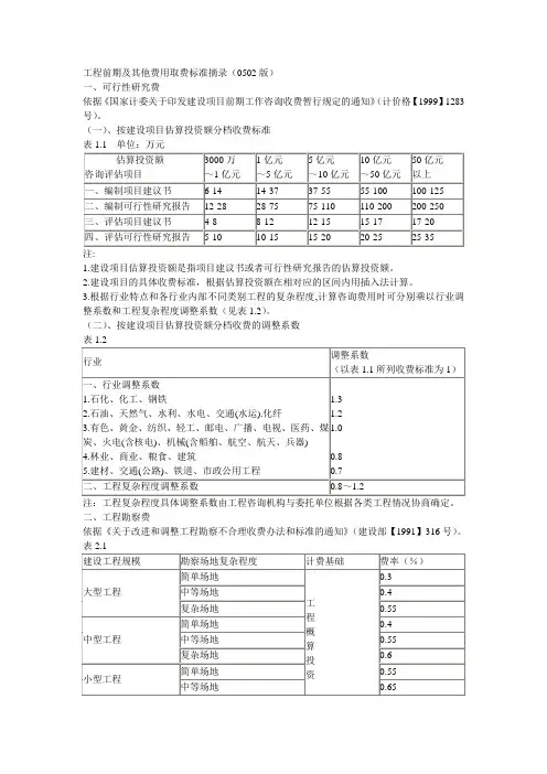 工程前期及其他费用取费标准摘录(0502版)