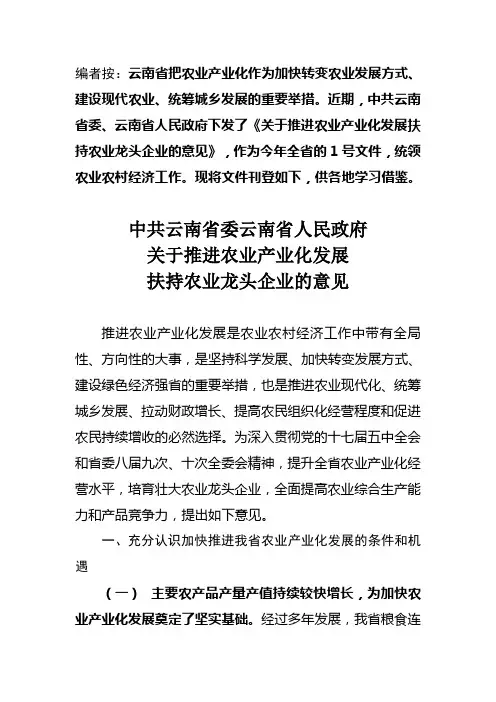 云南省推进农业产业化发展扶持农业龙头企业意见