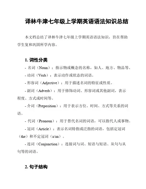 译林牛津七年级上学期英语语法知识总结