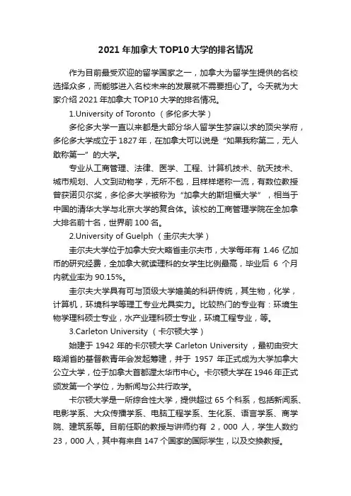 2021年加拿大TOP10大学的排名情况