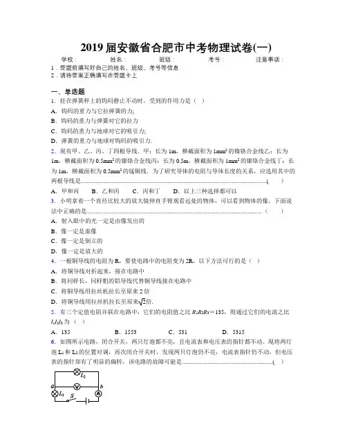 最新2019届安徽省合肥市中考物理试卷(一)及解析