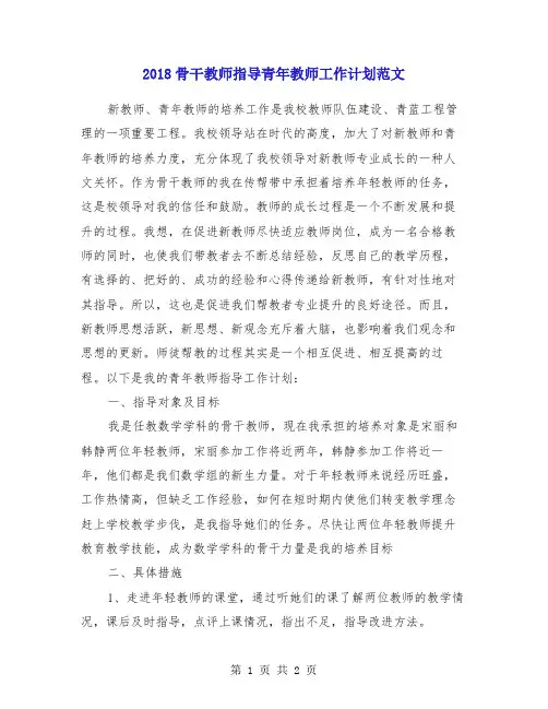 2018骨干教师指导青年教师工作计划范文