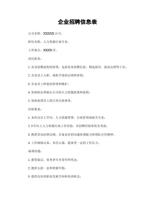 企业招聘信息表