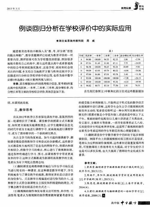 例谈回归分析在学校评价中的实际应用
