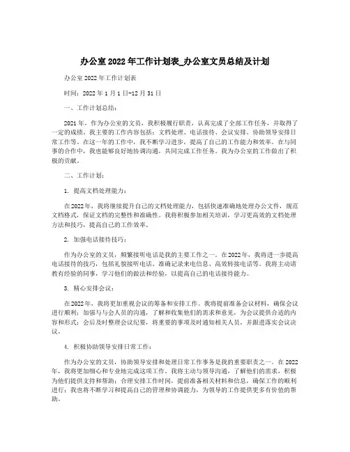 办公室2022年工作计划表_办公室文员总结及计划
