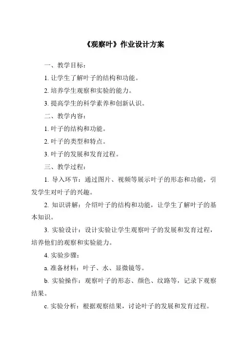 《观察叶作业设计方案-2023-2024学年科学苏教版》