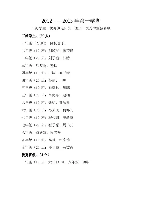2013年3月优秀三好学生名单