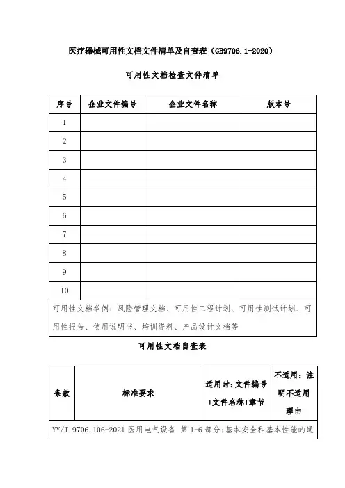 医疗器械可用性文档文件清单及自查表