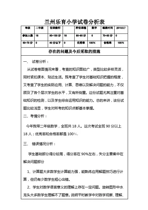 二年级数学下册试卷分析表