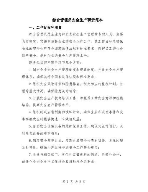 综合管理员安全生产职责范本