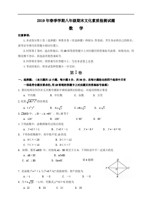 广西横县2018-2019学年八年级下学期期末文化素质检测数学试题