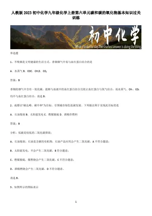 人教版2023初中化学九年级化学上册第六单元碳和碳的氧化物基本知识过关训练