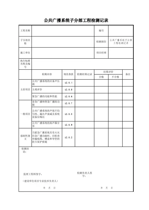 公共广播系统子分部工程检测记录