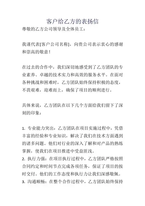 客户给乙方的表扬信
