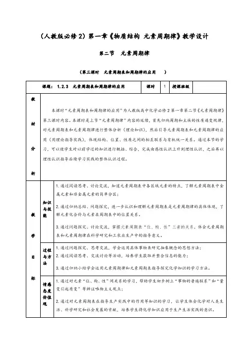 1.2.3《元素周期表和周期律的应用》教学设计(含解析)2020-2021学年人教版高一化学必修二