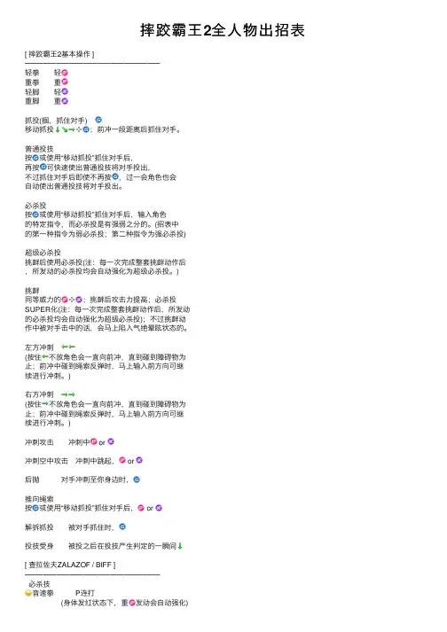 摔跤霸王2全人物出招表