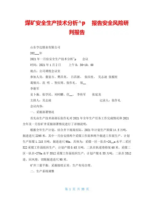 煤矿安全生产技术分析报告安全风险研判报告