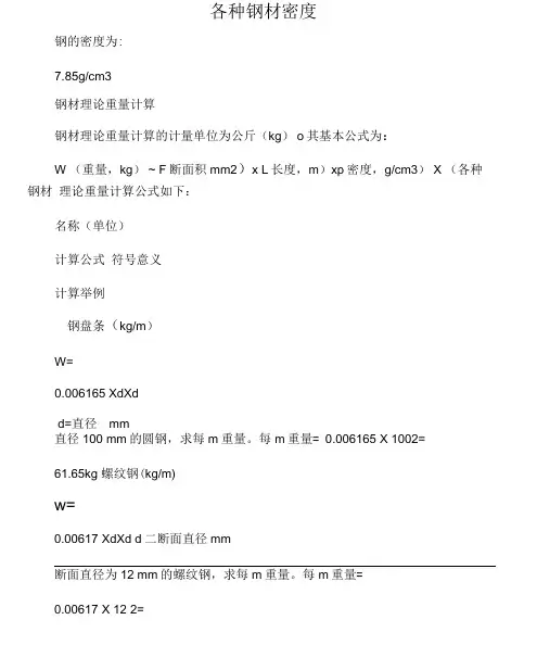 各种钢材密度