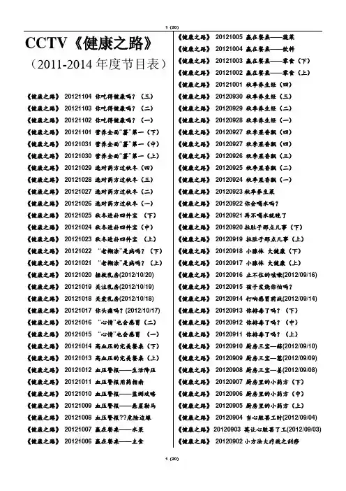 CCTV《健康之路》(2011-2014年度节目表)
