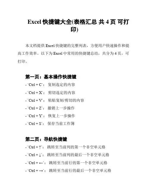 Excel快捷键大全(表格汇总 共4页 可打印)