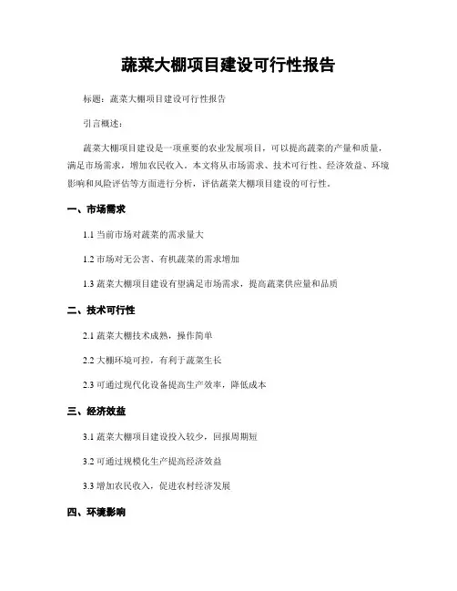 蔬菜大棚项目建设可行性报告
